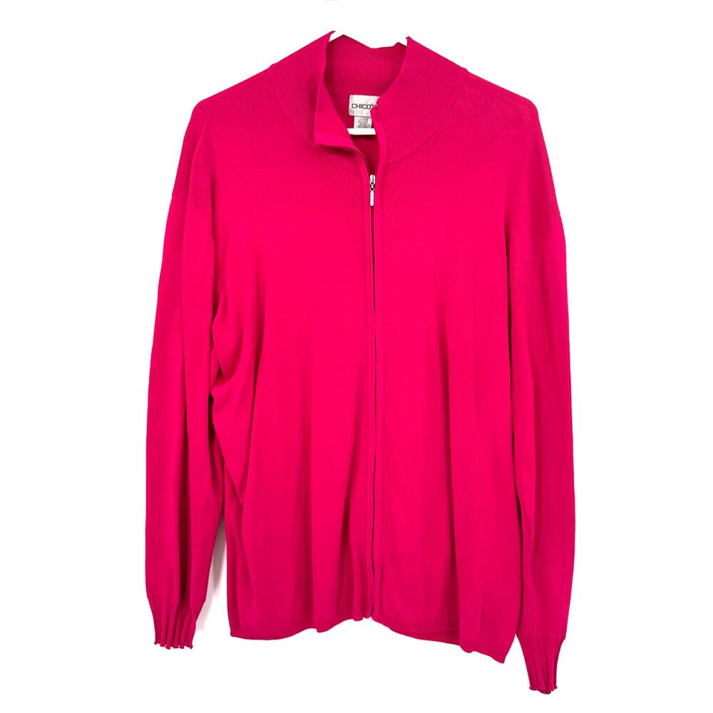 Chico's Size 3 XL‎ Zip Up Cardigan Style Sweater Bright Pink Made in Hong Kong